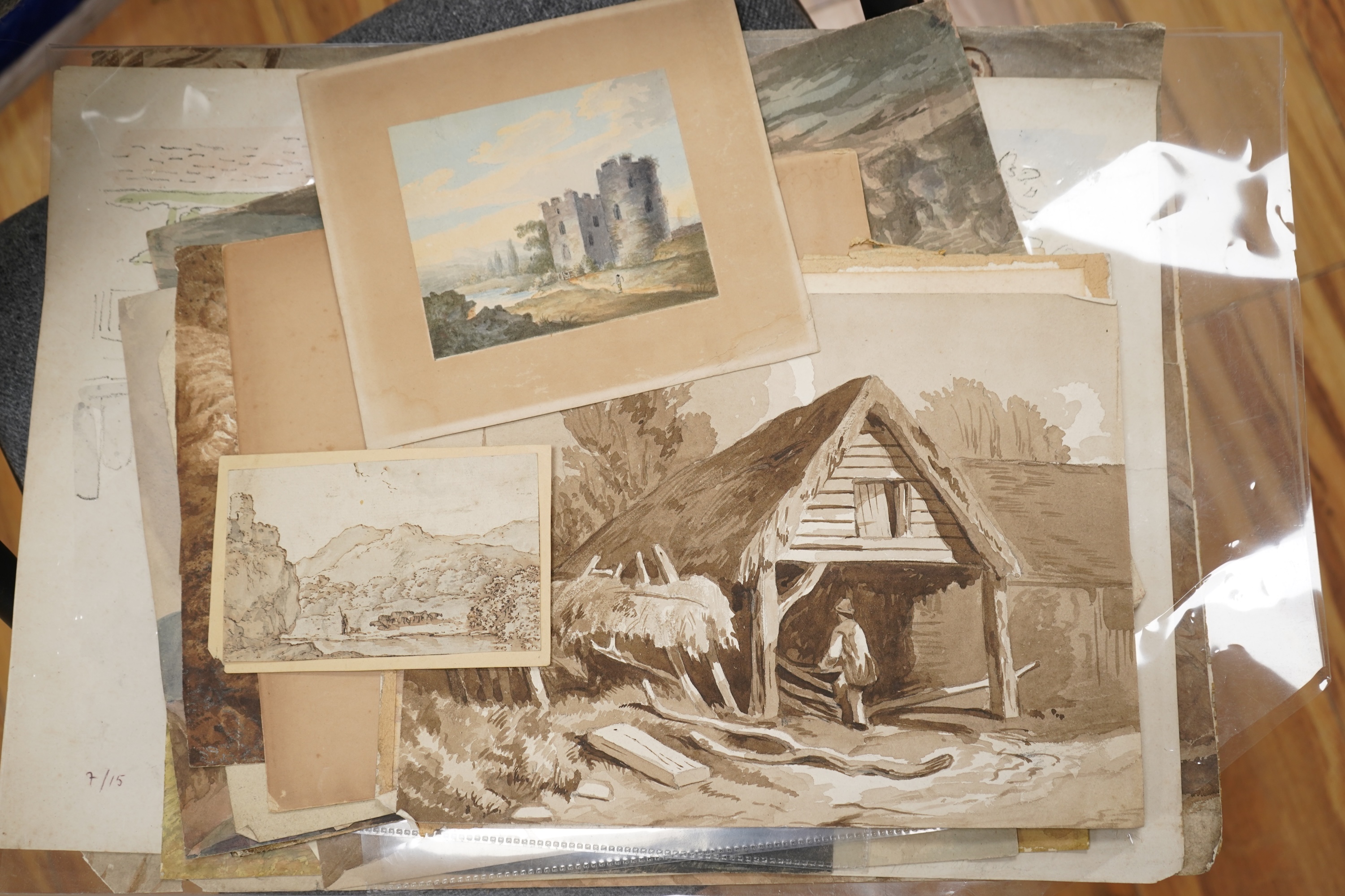 A collection of 18th and 19th century inks, watercolours and pencil sketches, predominantly landscapes and figural works, unsigned, unframed, largest 34 x 46cm